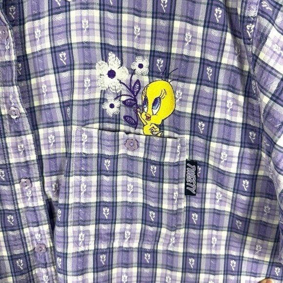 Looney Tunes Vintage Tweety Embroidered Button Up Top, Lilac Plaid, Size 26/28W - Picture 7 of 11